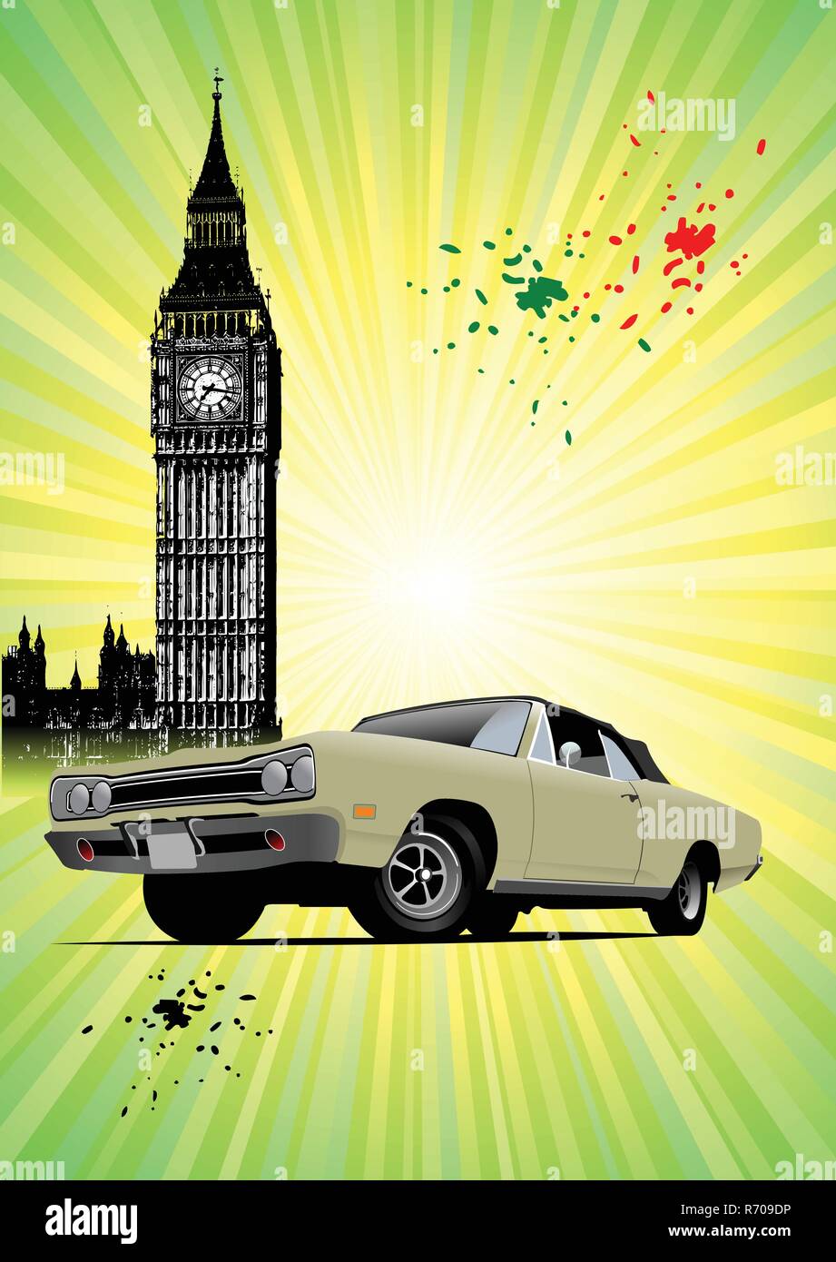 London Poster mit Big Ben und 50 alte Rarität cabriolet Bild. Dach geschlossen. Vector Illustration Stock Vektor