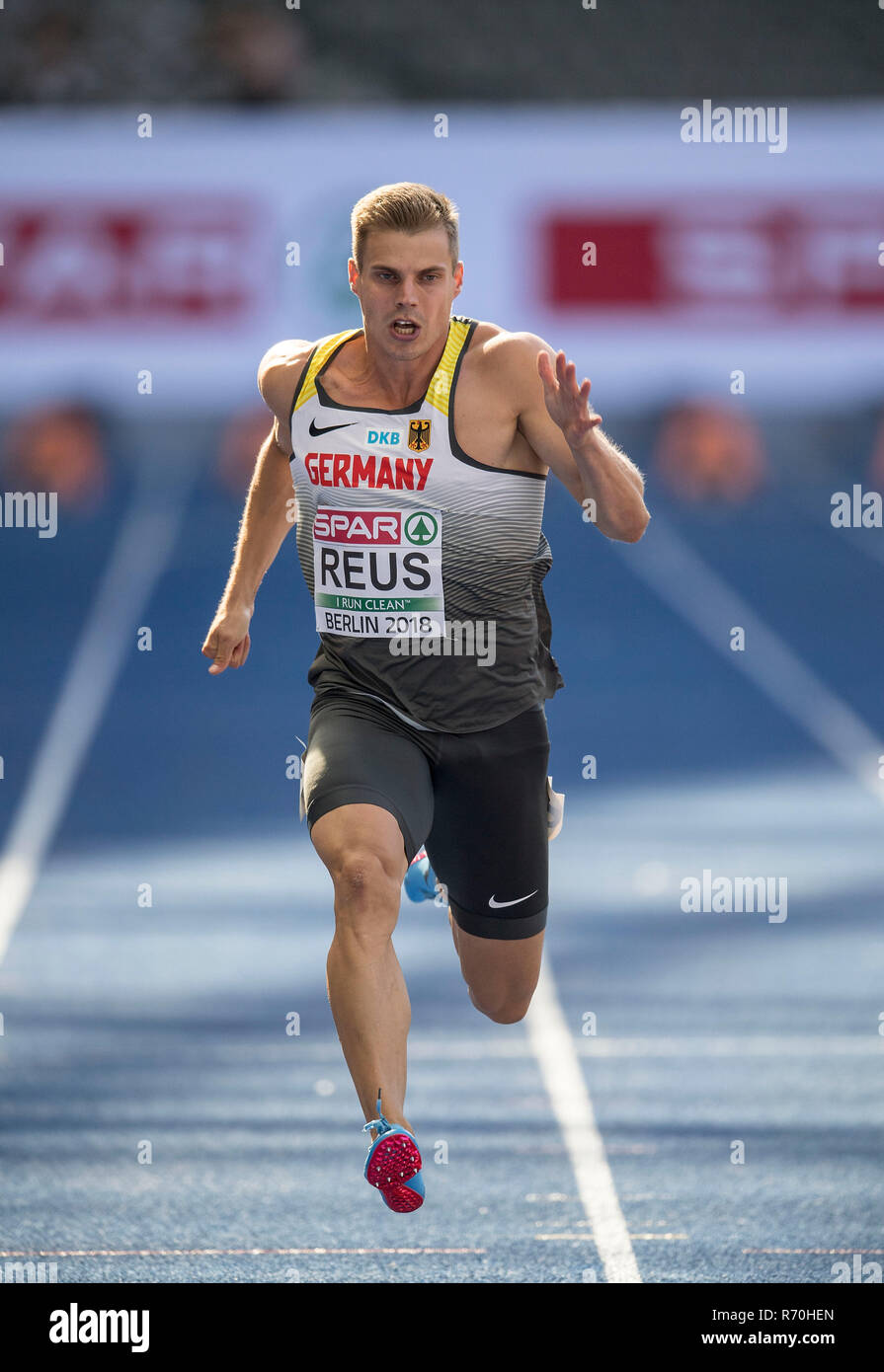 Julian REUS, Deutschland, Aktion, Qualifizierung 100 m der Männer, die am 06.08.2018 der Europäischen Leichtathletik WM 2018 in Berlin/Deutschland vom 06.08. - 12.08.2018. | Verwendung weltweit Stockfoto