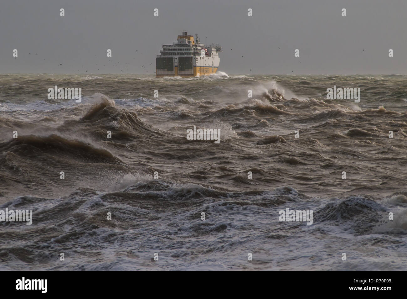 Newhaven, East Sussex, Großbritannien. Dezember 2018.die Transmanche Fähre nach Dieppe verlässt den Schutzwall des Newhaven Hafengeländes in das raue windgepeitschte Meer. Starker, quietschender Wind aus dem Westen mit starkem Regen, aber immer noch unsaisonal warm bei 10 C. Stockfoto