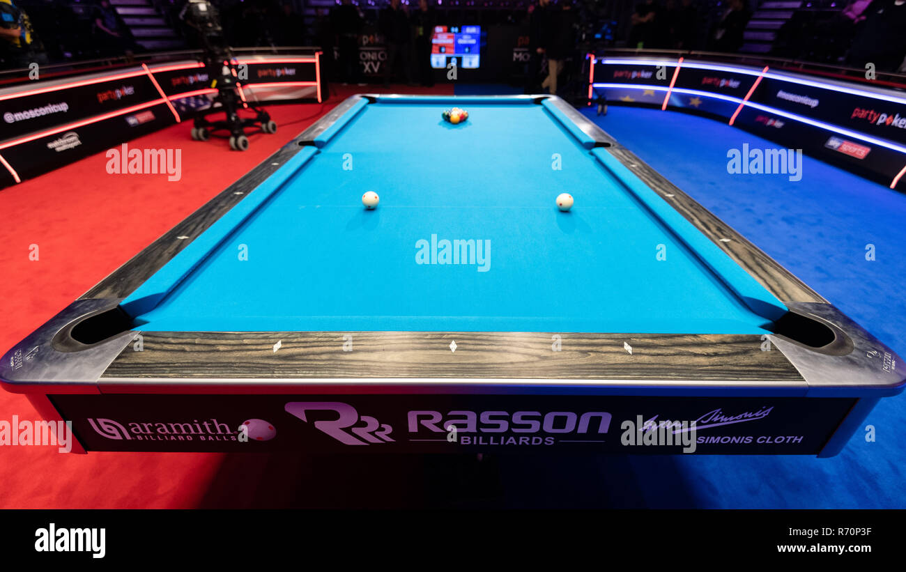 London, Großbritannien. 7. Dezember 2018. Die offizielle Tabelle während der Partypoker Mosconi Cup 2018 abschließenden Tag Matches im Alexandra Palace am Freitag, den 07. Dezember 2018. LONDON, ENGLAND. (Nur redaktionelle Nutzung, eine Lizenz für die gewerbliche Nutzung erforderlich. Keine Verwendung in Wetten, Spiele oder einer einzelnen Verein/Liga/player Publikationen.) Credit: Taka G Wu/Alamy Nachrichten Stockfoto