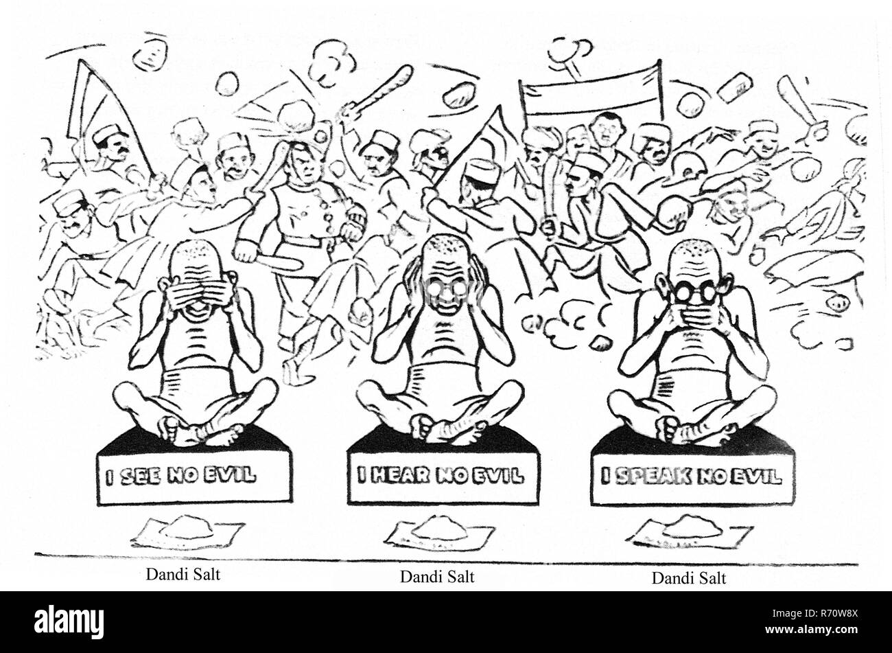 Mahatma Gandhi Salz Agitation Cartoon, die drei Affen, Ich sehe kein Übel, Ich höre kein Böses, Ich spreche kein Böses, Dandi, Indien, 1930, alten Jahrgang 1900s Bild Stockfoto