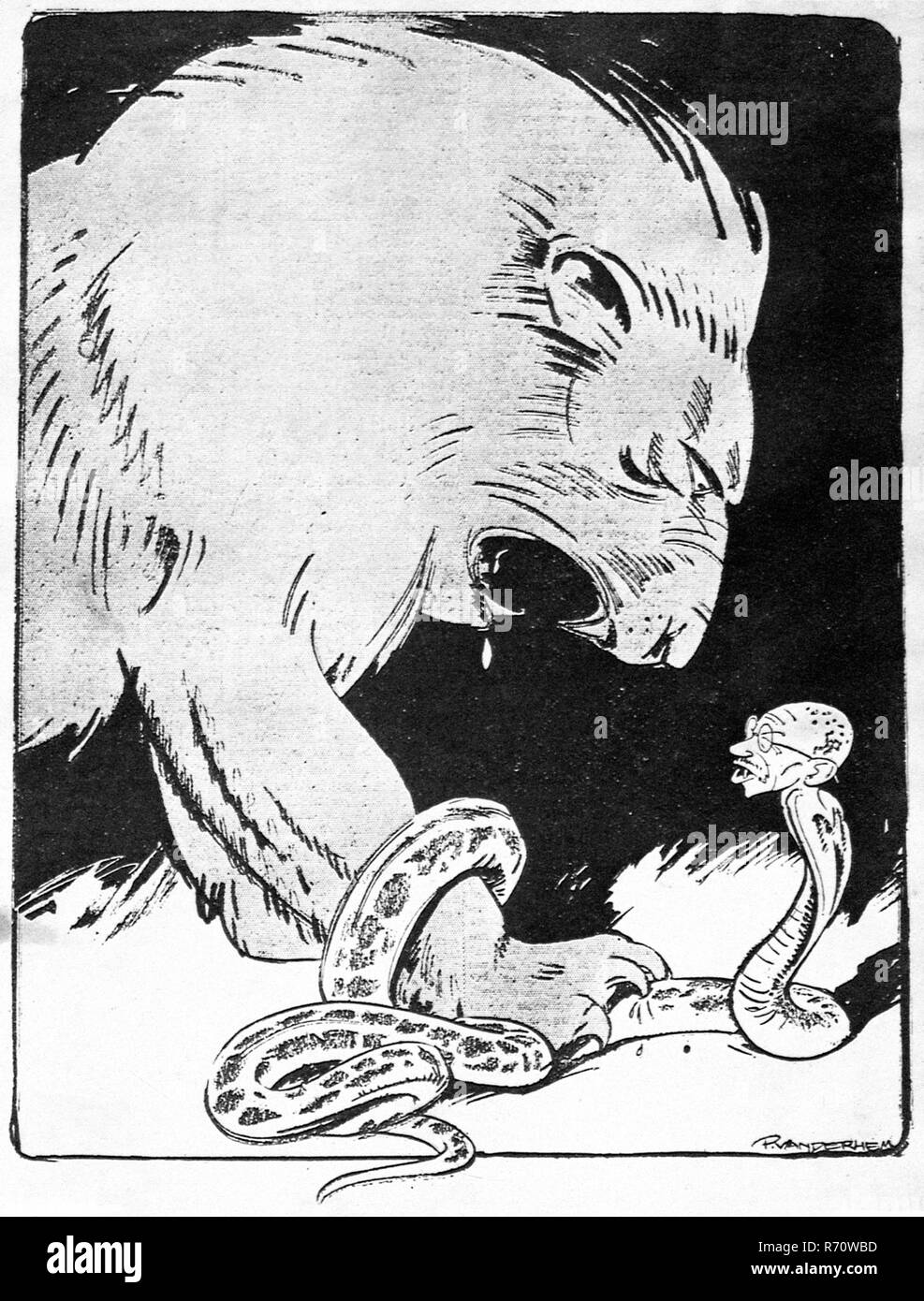 Cartoon Mahatma Gandhi, der British Lion zeigt seine Zähne, Haagesche Post, Den Haag, Niederlande, 1930 Stockfoto