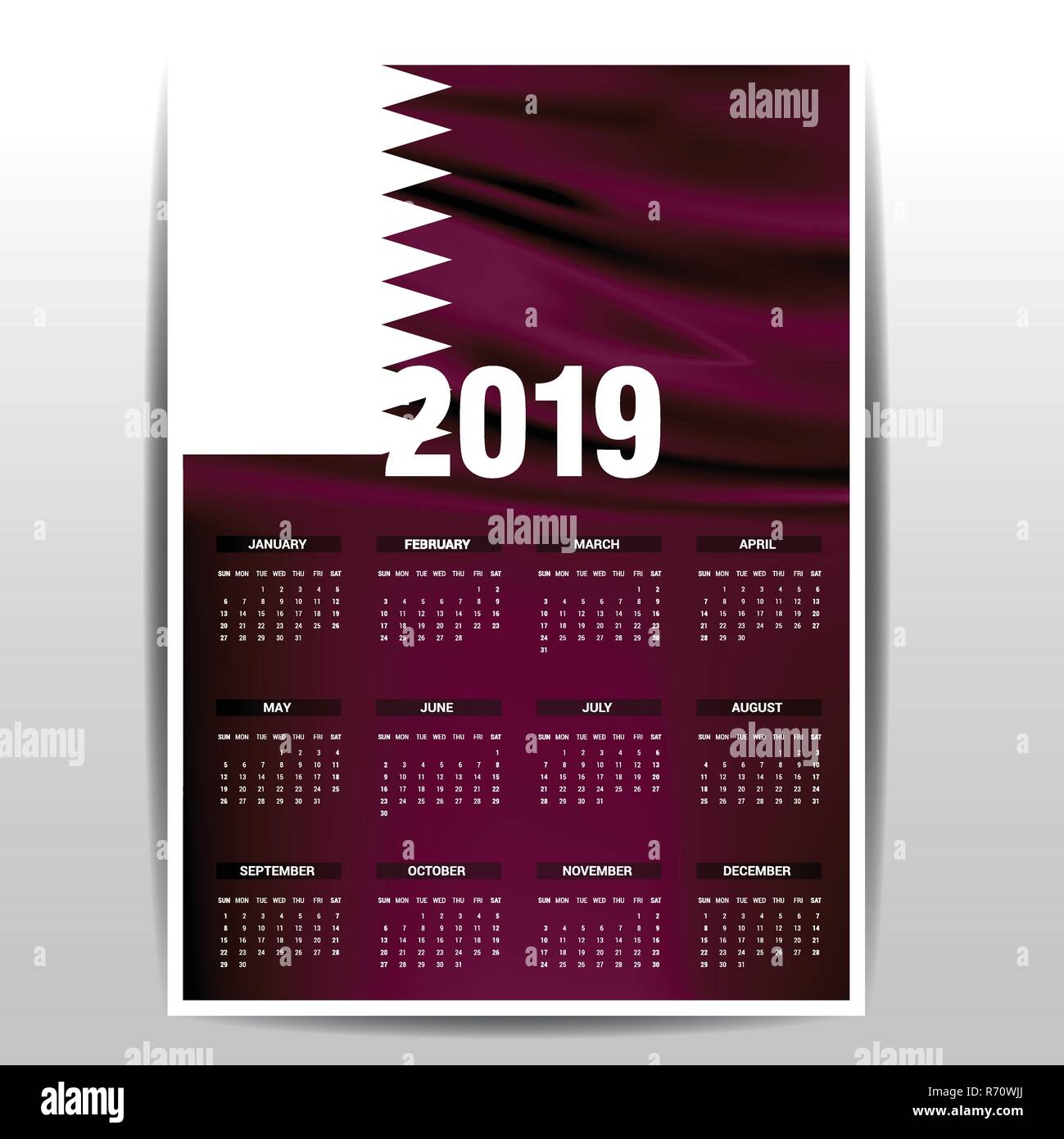 Kalender 2019 Katar Flagge Hintergrund. Englische Sprache Stock Vektor