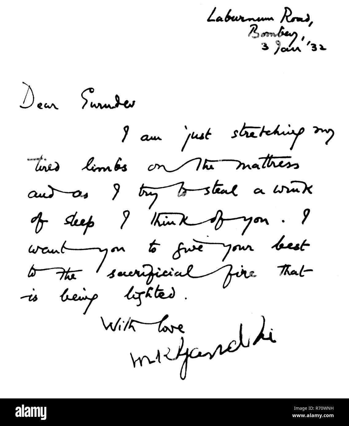 Mahatma Gandhi Hand geschriebenen Brief in englischer Sprache an Rabindranath Tagore, Mani Bhavan, Laburnum Road, Bombay, Mumbai, Indien, 3. Januar 1932, altes Bild des Jahrgangs 1900 Stockfoto