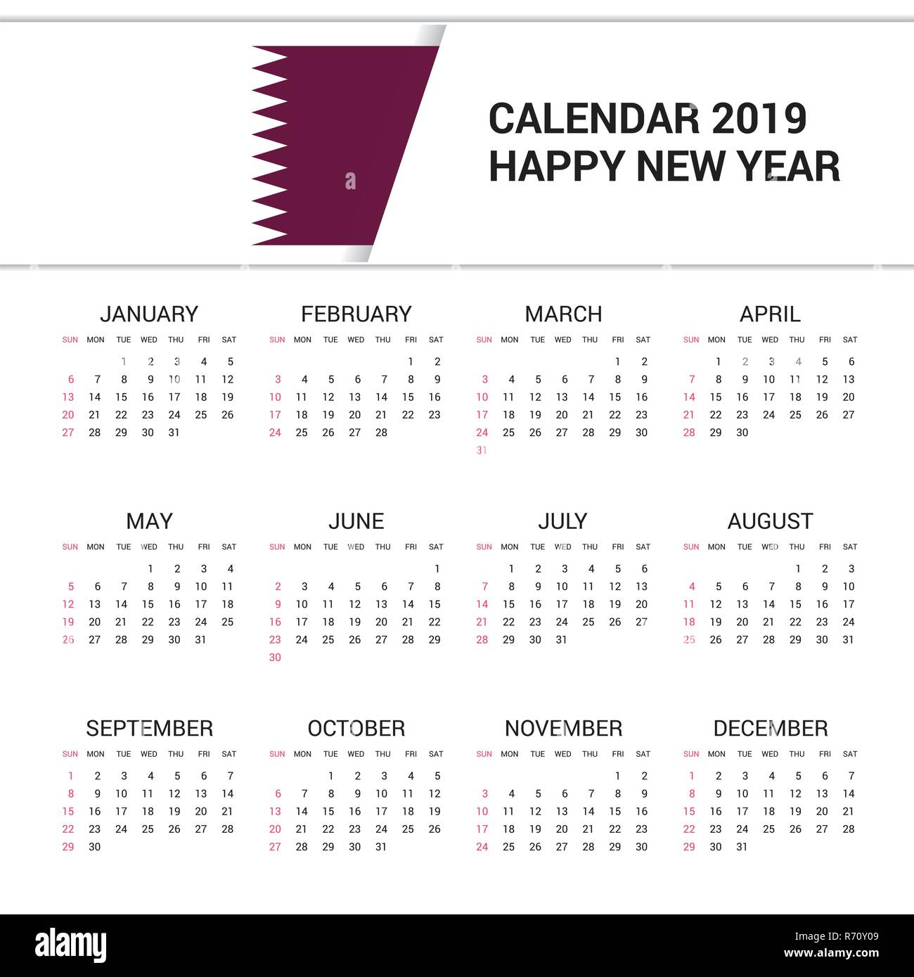 Kalender 2019 Katar Flagge Hintergrund. Englische Sprache Stock Vektor