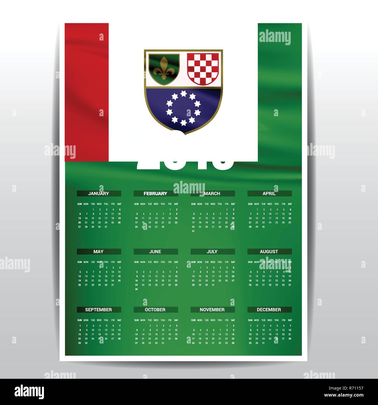 Kalender 2019 Bosnien und Herzegowina Flagge Hintergrund. Englische Sprache Stock Vektor