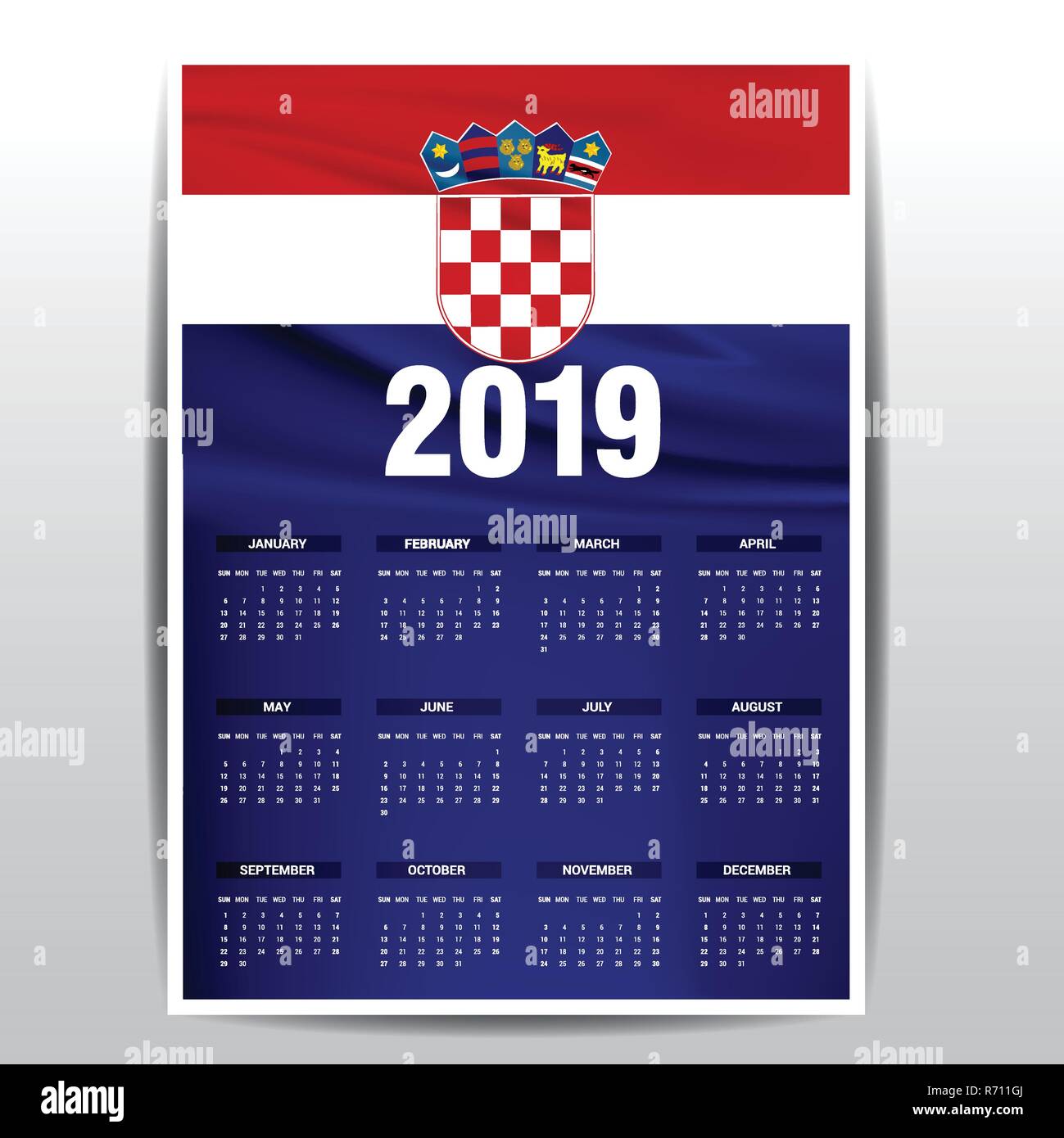 Kalender 2019 Kroatien Flagge Hintergrund. Englische Sprache Stock Vektor