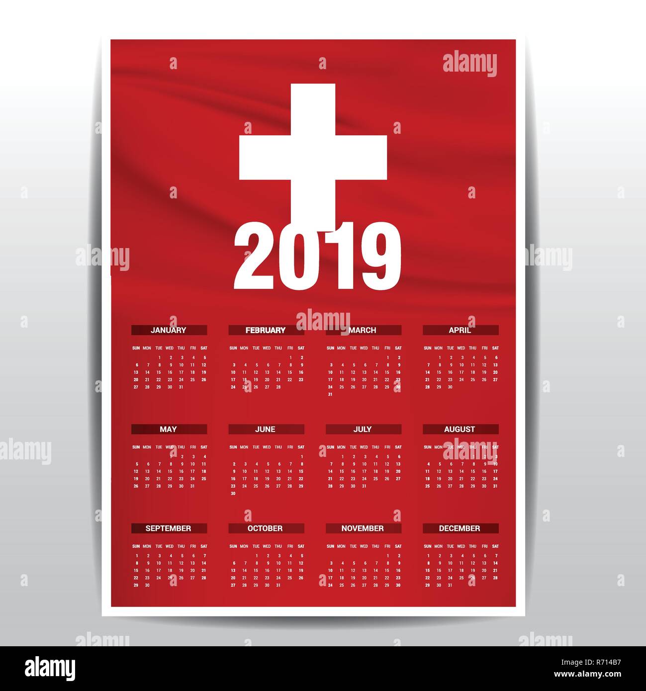 Kalender 2019 Schweiz Flagge Hintergrund. Englische Sprache Stock Vektor