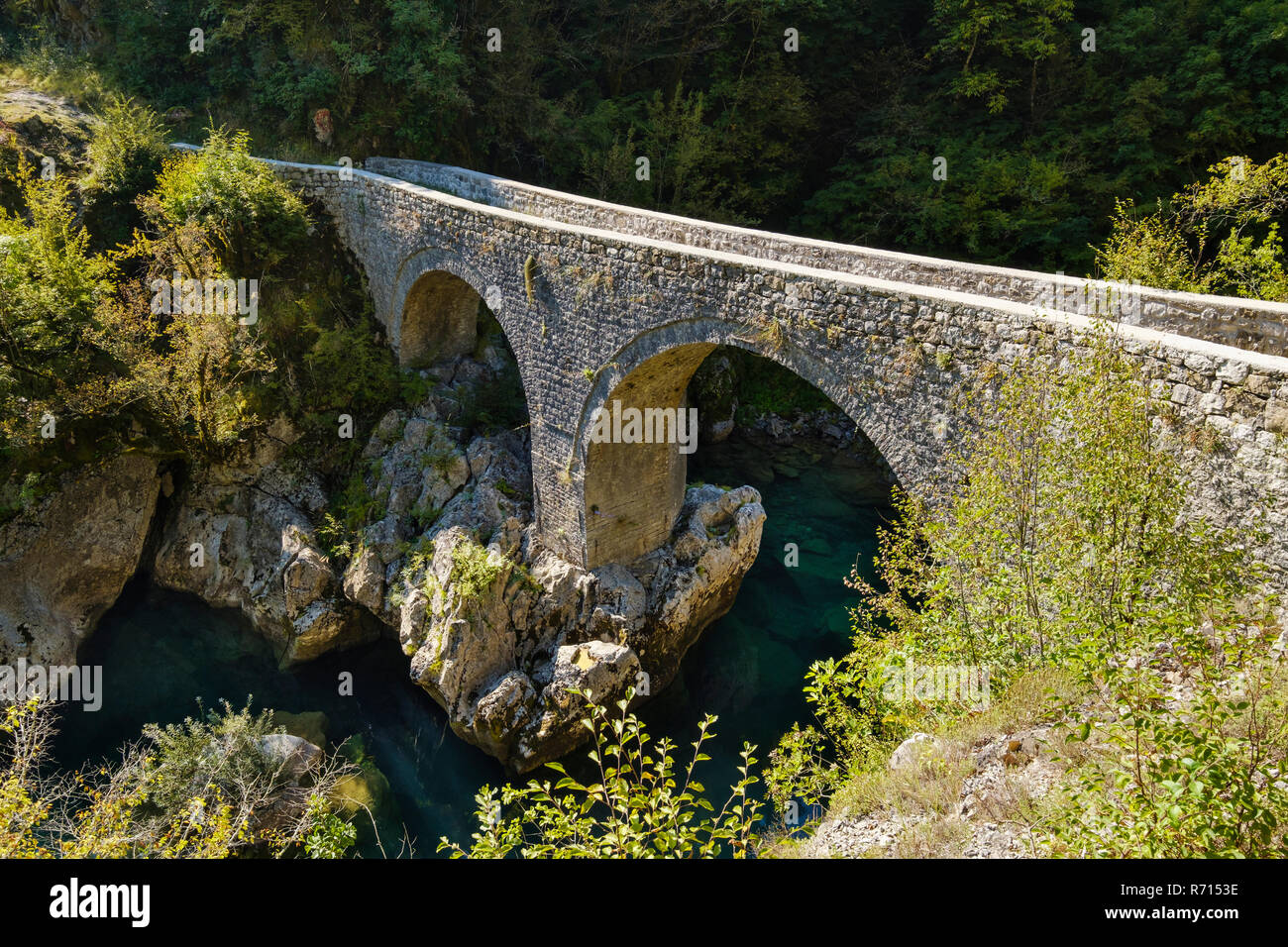 Bogenbrücke, alte steinerne Brücke Danilo Brücke über die Schlucht des Flusses Mrtvica, Mrtvica, nahe Kolasin, Montenegro Stockfoto