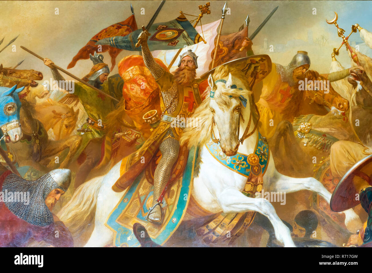 Imperial Hall, Wandgemälde von Friedrich Barbarossa in der Schlacht gegen islamische Armee, Schlacht in der Nähe von Ikonion, Imperial Palace, Kaiserpfalz Stockfoto