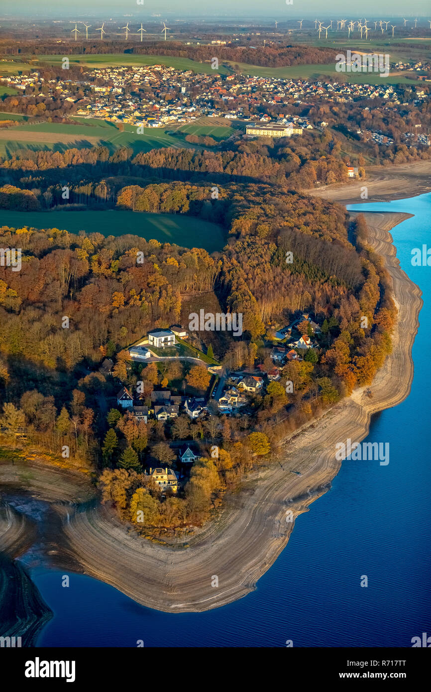 Luftaufnahme, Ebbe in der Möhnesee Reservoir, breiten Ufer, Naturpark Arnsberger Wald Park, Möhnesee, Sauerland Stockfoto
