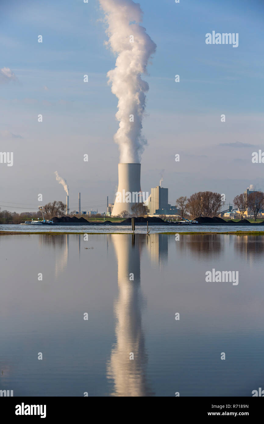 Kühlturm der Duisburg Walsum Kohle- Kraftwerk, Reflexion in der überschwemmte Rheinwiese, Schiff Transport von Kohle, Duisburg Stockfoto