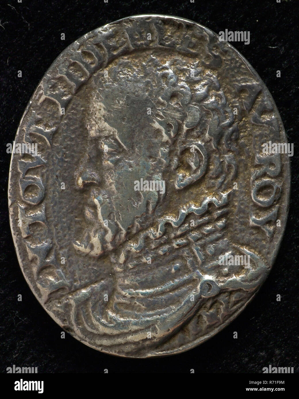 Oval geuzen Medaille, penning Material Silber, Büste Philips II Links: omschrift und TOVT FEDELES AV ROY (in allem loyal zum König) W. van Rede Philips II Spanien Krieg Achtzigjährigen Krieg gee Jacques Jonghelinck Brüssel Morillon Granvelle Sammlung W von Rede Rotterdam. Stockfoto