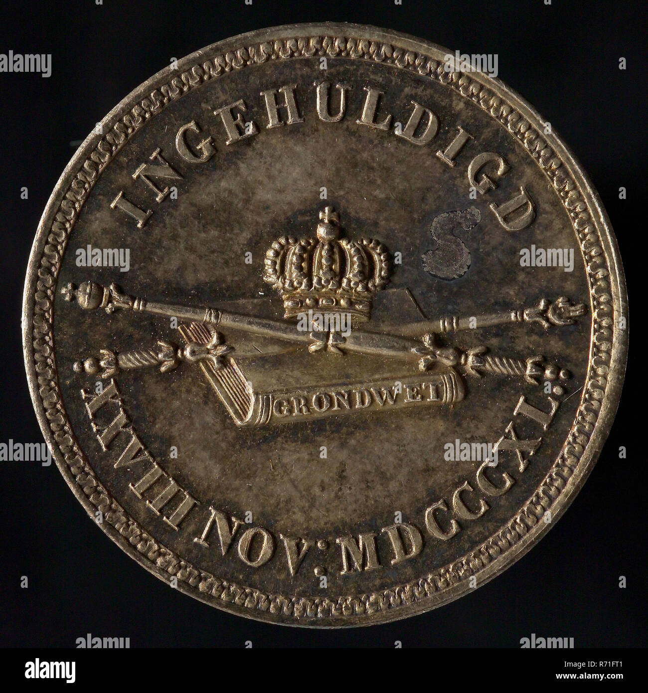 Medaille auf die Einweihung von König Willem II. in Amsterdam, penning Material Silber, nur Text, Willem II KÖNIG DER NIEDERLANDE (im Feld) Einweihung Royal House Oranjehuis Oranje Stockfoto