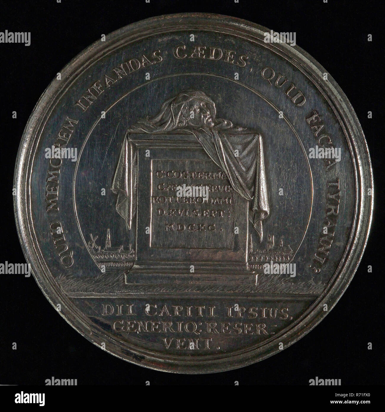 Jan Smelledzing I, Medaille auf der Plünderung des Hauses der Baljuw Jacob van Zuylen van Nijevelt an den Leuvehaven in Rotterdam, Penning visuelles Material Silber, plündern das Haus an den Leuvehaven, omschrift UBI INTERFICERE FAS EST IBI DESTRUERE (wo Mord ist kostenlos Es ist verheerend kostenlos) und in Cut-off-IAC: SUYLE NYEVELT PRAET: ROTT, DOMI DESTRUCTIO D.6 OCTOB: 1690 (die Zerstörung der Heimat der Rotterdam chief Jakob von Zuylen Nyevelt auf dem am 6. Oktober 1690) Tumult von Rotterdam Costerman Riot Jacob van Zuylen von Nyevelt Bürgermeister Stockfoto