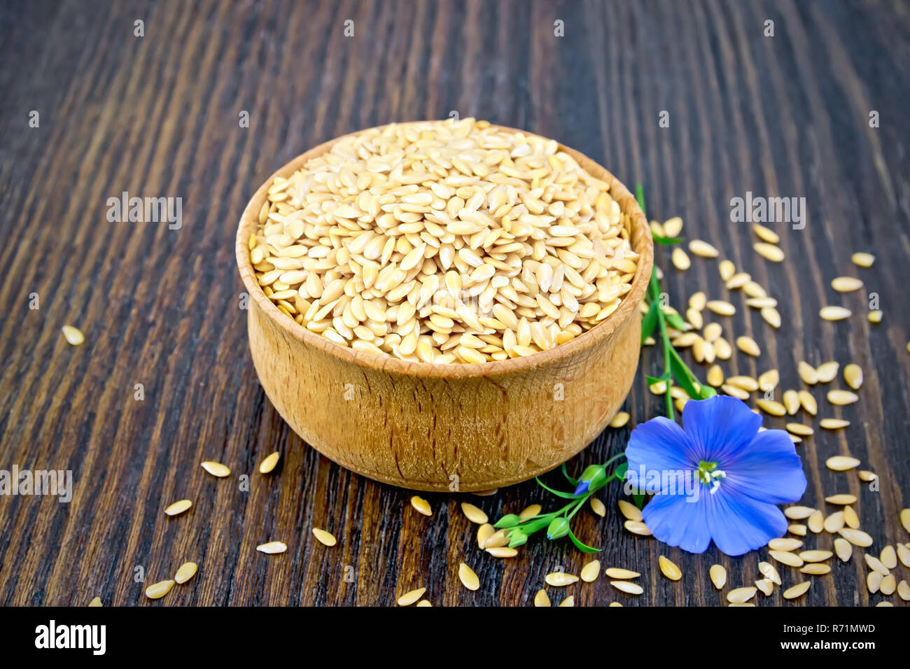 Flaxen weisse Samen in Schüssel mit blauer Blume an Bord Stockfoto