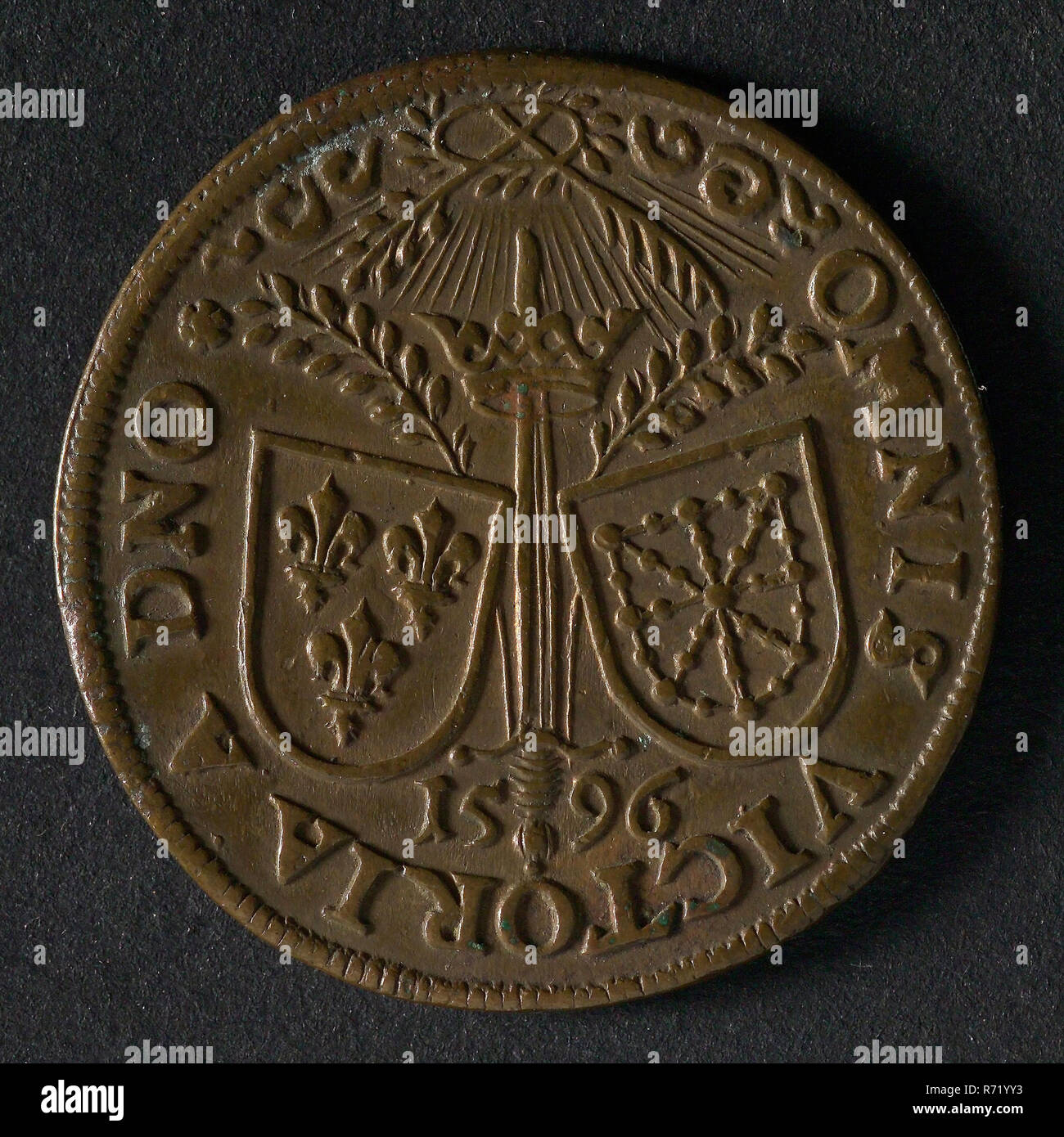 Medaille auf den Frieden zwischen Frankreich und Navarra, jeton utility Medaille Medaille exchange Käufer, König Heinrich IV. von Frankreich in Rüstung zu Pferd nach rechts auf dem Boden Waffen Legende: HENRICVS. IIII. GALLIA. ET. NAVAR. REX (Rose) König Heinrich IV. von Navarra Frankreich Stockfoto