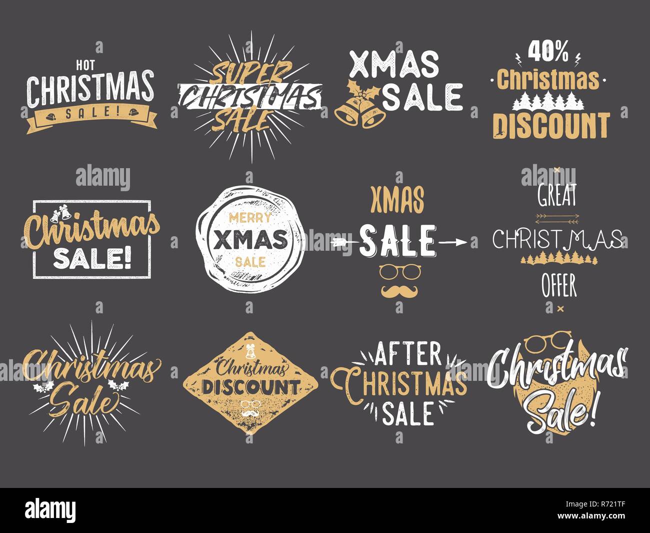 Frohe Weihnachten Verkauf Overlays. Neues Jahr Rabatte Anführungszeichen gesetzt. Lustige xmas Typografie kunst Trend Farben. Vektor Illustration auf dunklem Hintergrund isoliert Stock Vektor