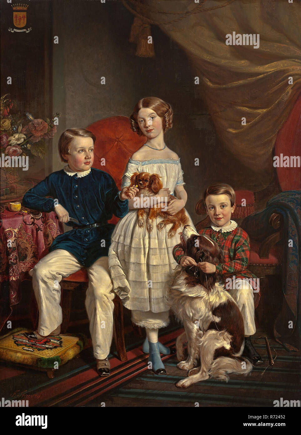 Willem Karel Frederik Travers, Porträt von drei Kindern Taudin Chabot, Portrait Malerei Material Leinen Öl Malerei Holz Leinwand, stehend rechteckigen Portrait der drei Kinder, Jean Joseph Marie (geboren 1839) Johanna Maria (geboren 1841) Samuel (geboren 1842) Taudin Chabot Kinder von Jean Jonas Taudin Chabot und Maria Dunlop abgebildet mit Hunden auf der oberen linken Seite der Familie Wappen in Gold drei rote Beiträge (chabots) senkrecht auf der Rückseite platziert. Der große Hund sitzt auf der rechten Seite ist die Drentsche Patrijshond links unten Unterschrift und Jahr: F. Travers 1850 Heraldik Chabot auf Darlehen von t Stockfoto