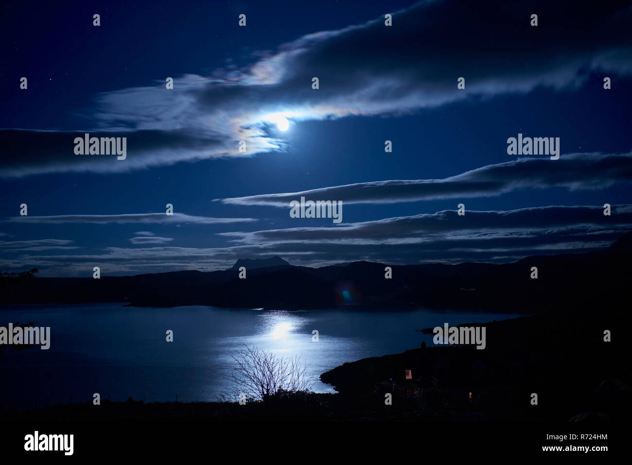 Mondlicht auf Gruinard Bay, Wester Ross, North West Highland Schottland, Großbritannien Stockfoto