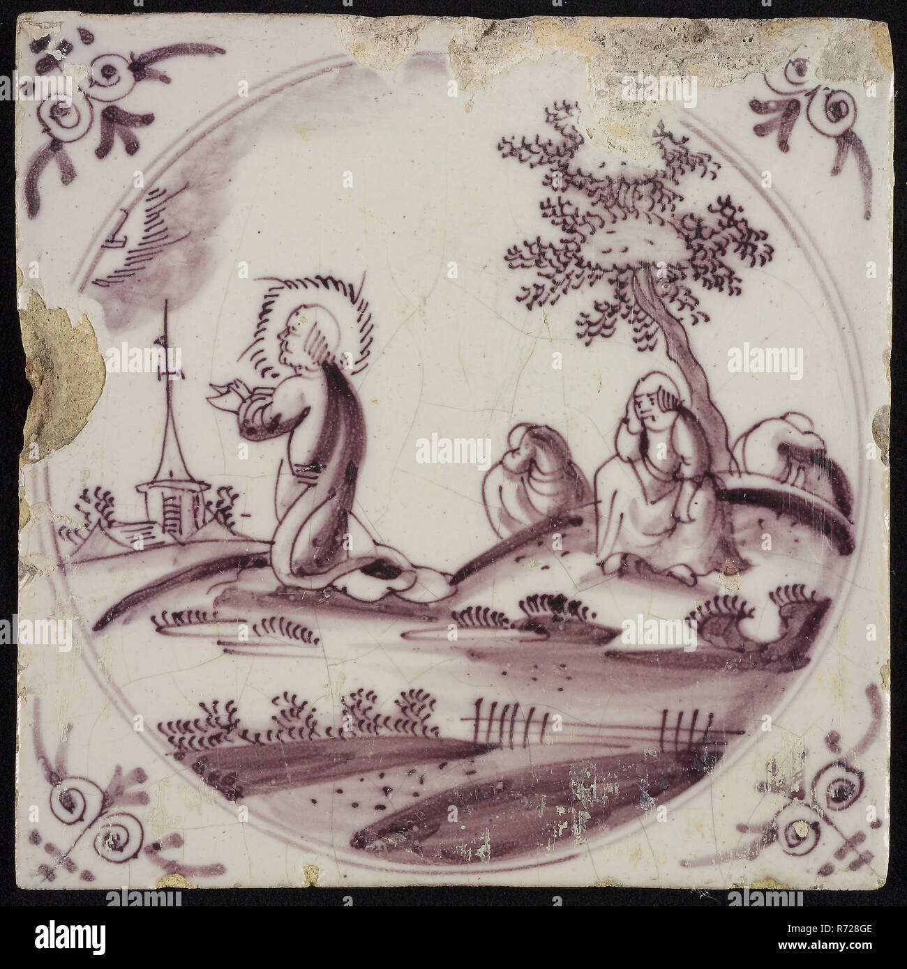 Szene Fliesen, Jesus im Gebet auf dem Berg Gethsemane, Chef's Corner Motiv ox, Wand Fliese Fliese skulptur keramik Steingut glasiert, gebackene 2 x glasierte Gelb lackiert shard Square. Purple auf weißem Hintergrund Rückseite O neben N unten oder oben unlesbar Bibel Religion Jesus Christus Gethsemane Stockfoto