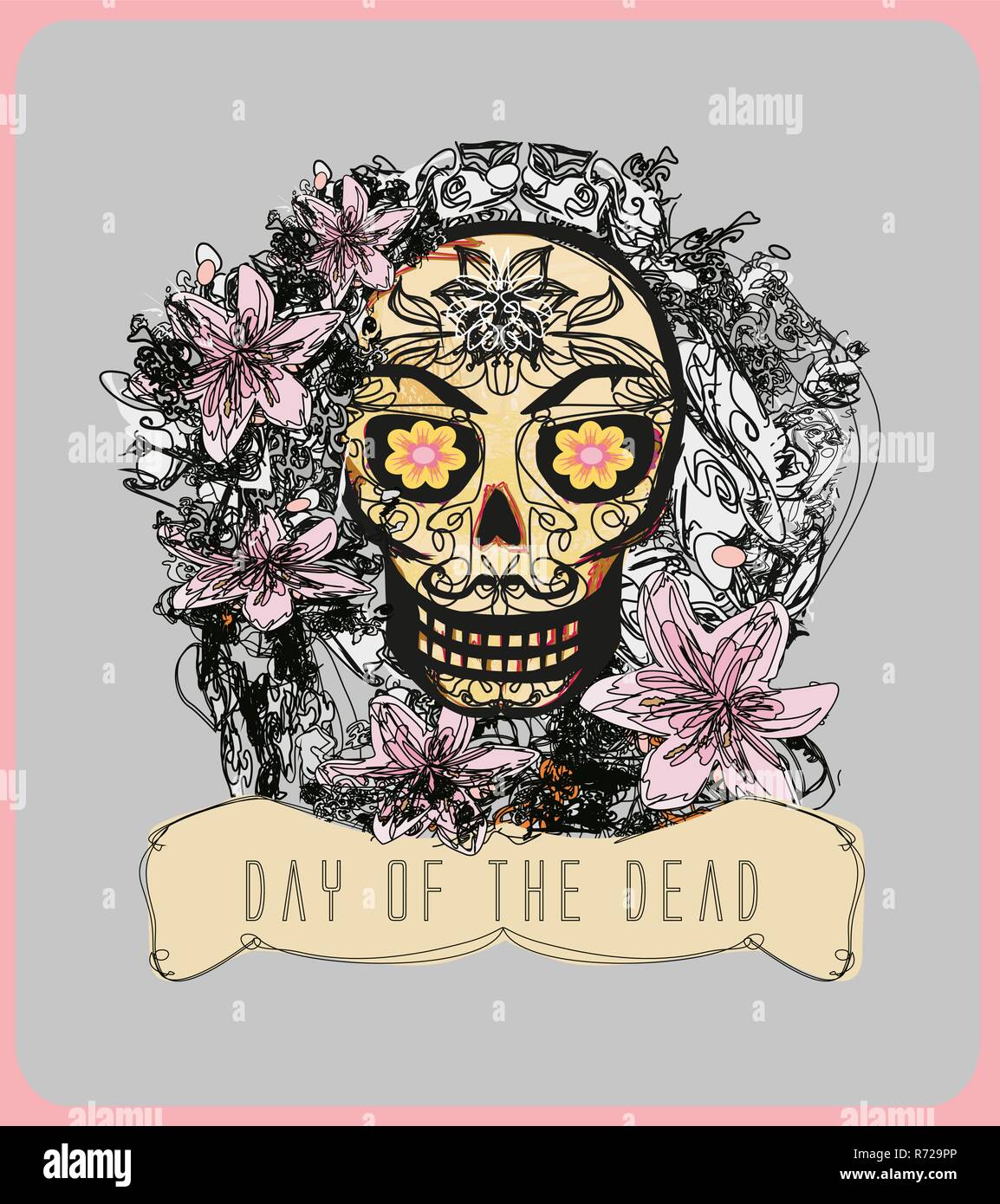 Schädel und Blumen Day of The Dead Stock Vektor