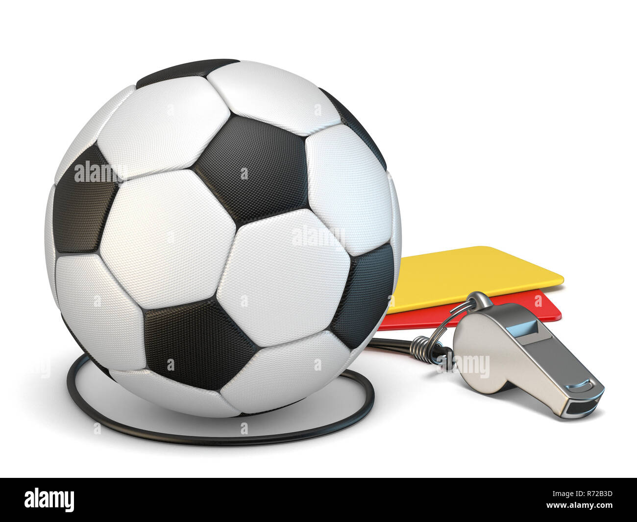 Fußball-Konzept gelbe und rote Karten, Pfeifen und Fußball 3D Stockfoto