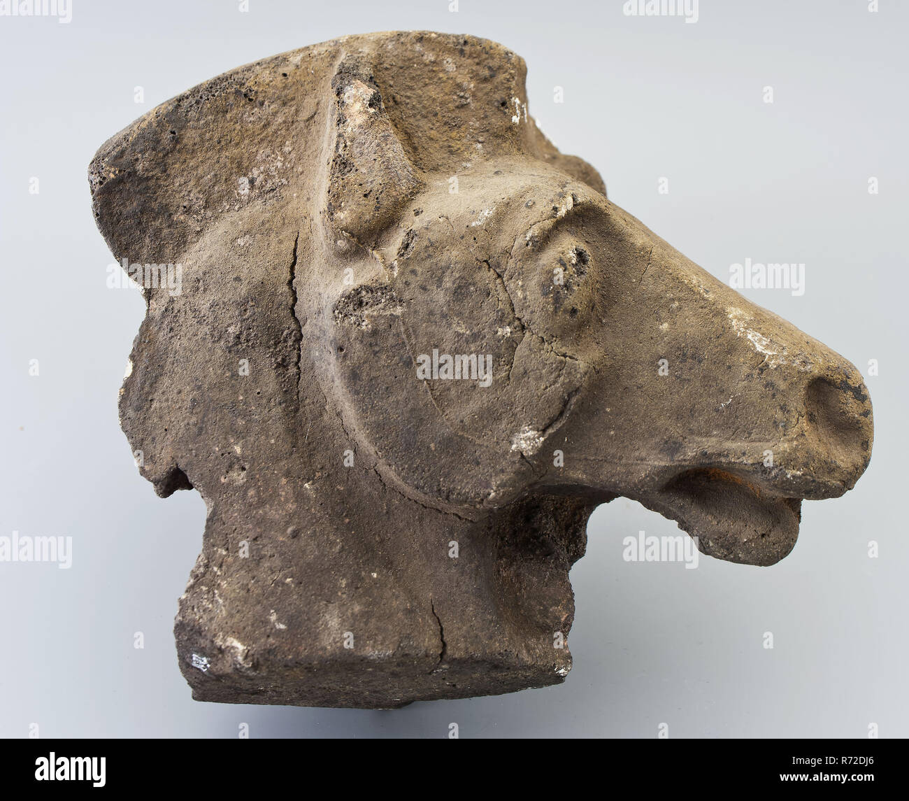 Stein stilisierten Pferdekopf, Fragment von Bild, Skulptur footage fragment Grundlagen Stein, gehackt Archäologie Lek Rotterdam Feijenoord Noordereiland Maaskade Boden Entdeckung am 16. April 1923 fand im Sand, die von der Lek für die Arbeit an der Maaskade geliefert wurde. Stockfoto