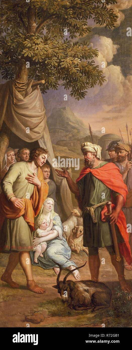 Elias van Nijmegen, Laban mit Jakob, Tapeten Malerei Malerei Leinen Öl Malerei, nach der ersten Heirat Labans Töchter mit Labans Töchter und für Laban für sechs weitere Jahre Jakob entkommt mit Lea Rahel und Kinder Herden von Sklaven und Sklavinnen das Land Gilead ohne Abschied zu seinem Onkel Laban gearbeitet. Laban spukt, Jakob aber Gott warnt ihn, dass er nicht erlaubt ist, Jakob und seine Habseligkeiten zu verletzen. So gibt es nur Unterhaltung und Jakob und Laban Vertrag abschließen. (1.Mose 31:22-43) Rotterdam Dreieck Leuvehaven Leuvebrugsteeg Josua von Belle Bibel Religion alte T Stockfoto