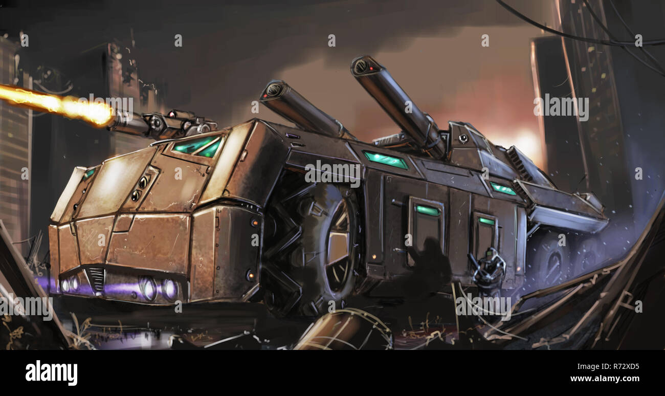 Konzept Kunst Malerei von Post-Apocalyptic gepanzertes Fahrzeug oder Tank Kämpfen in Stadt Ruinen Stockfoto