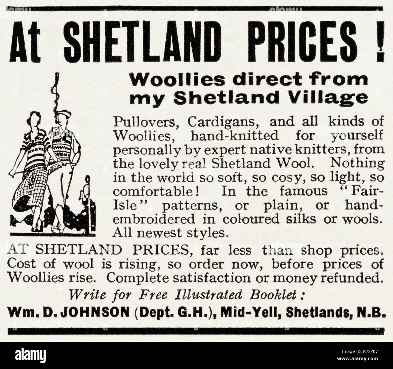 Original 30er Vintage alte drucken Werbung von 30 s englische Magazin Werbung Shetland woolen Strickwaren von William D Johnson von Mid-Yell Shetlandinseln Schottland Großbritannien ca. 1932 Stockfoto