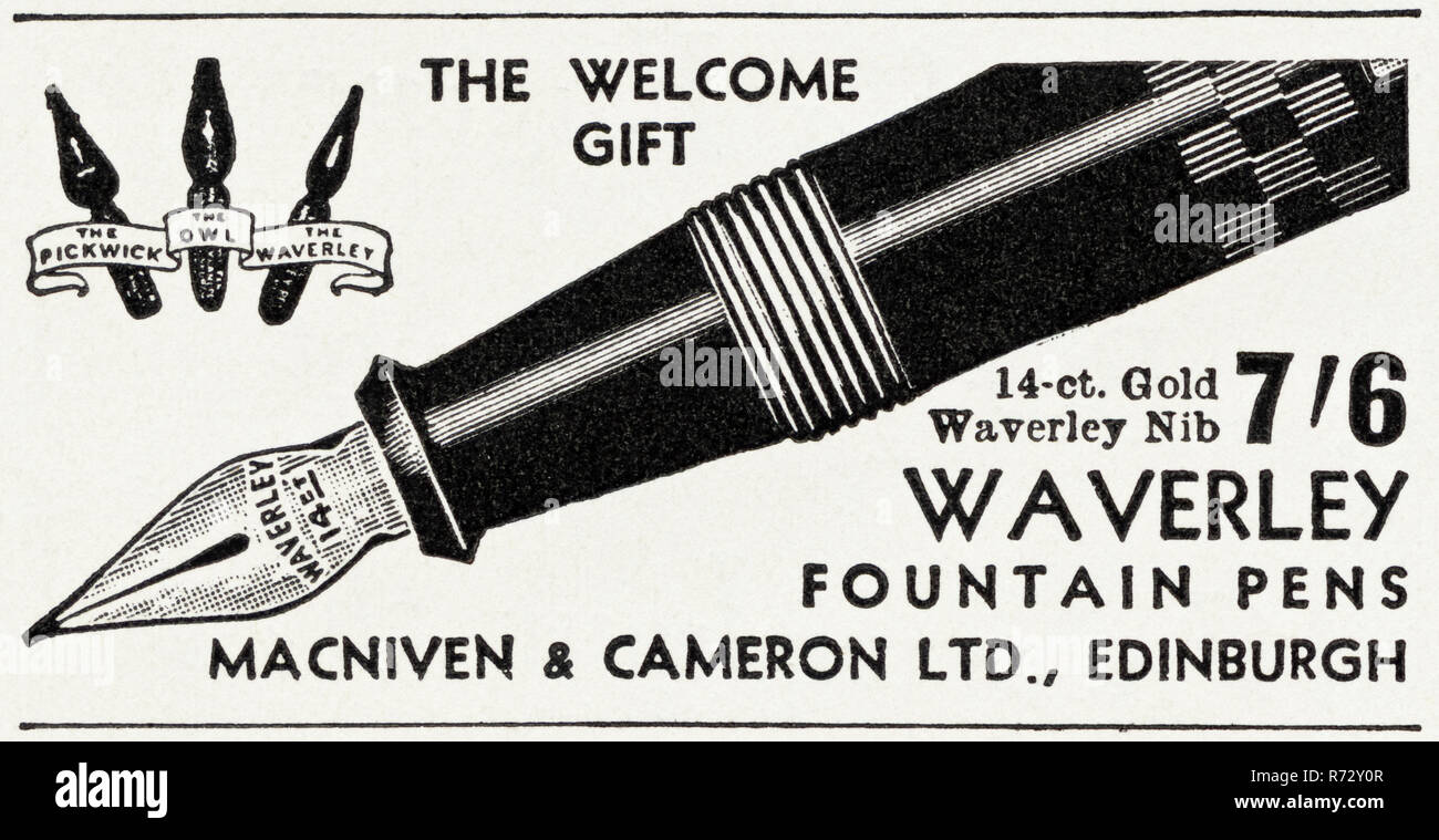 Original 30er Vintage alte drucken Werbung von 30 s englische Magazin Werbung Waverley Goldfeder Füllhalter von Macniven & Cameron Ltd, Edinburgh, Schottland Großbritannien ca. 1932 Stockfoto