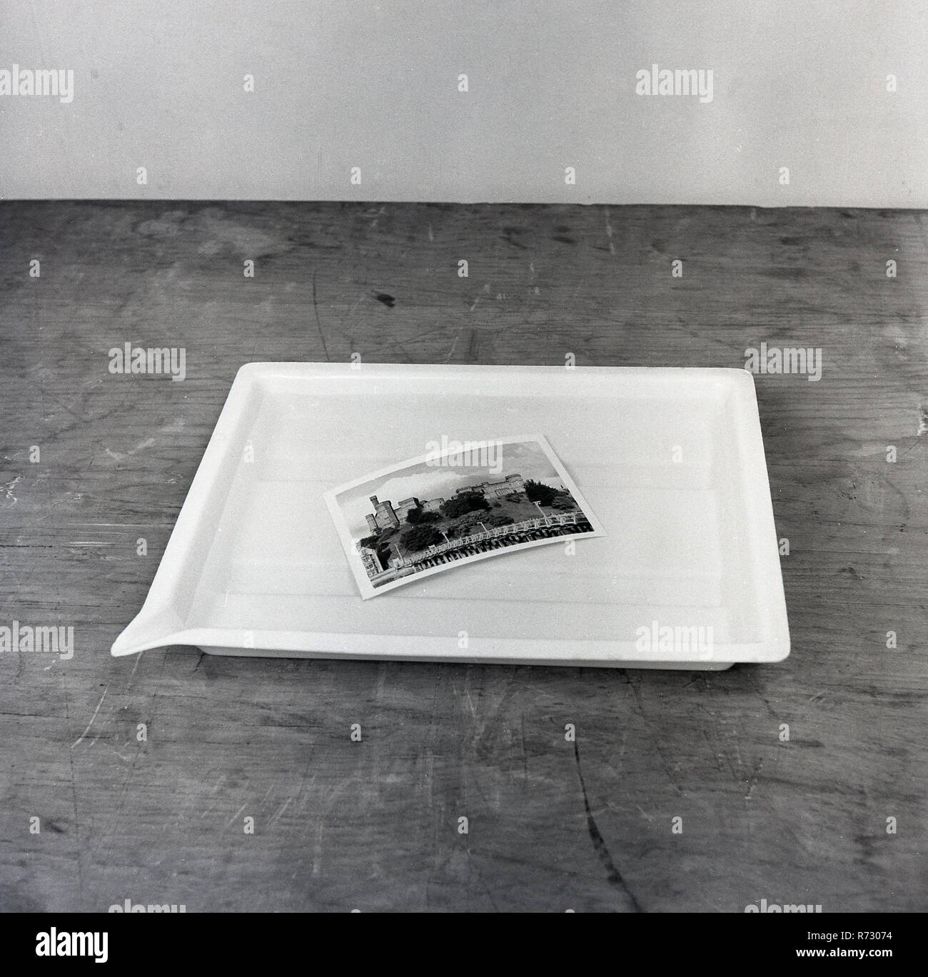 1950er Jahre, historische, Fotografie, eine schwarz-weiß drucken entwickelt mit fotografischen chemcials in ein Fach ein. Stockfoto