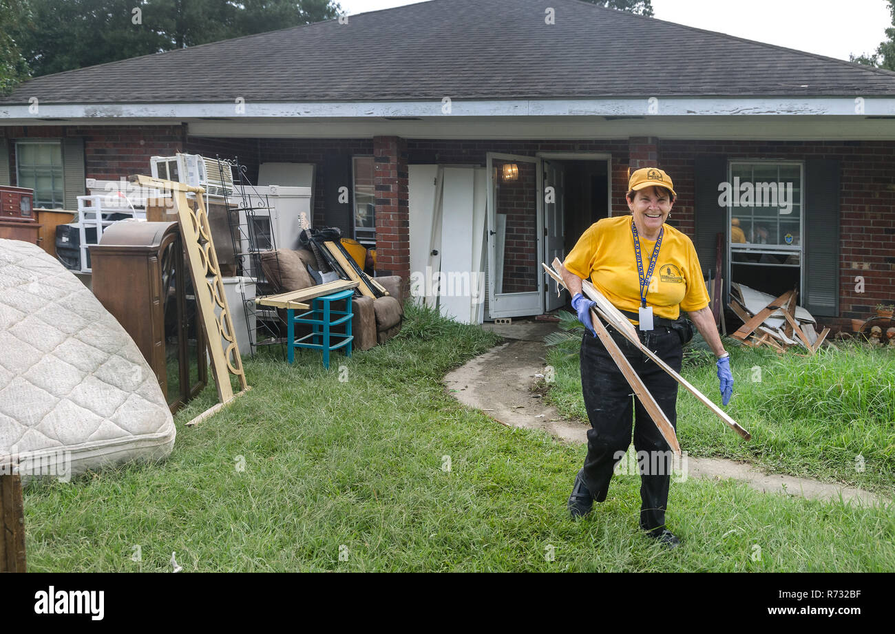 A Southern Baptist Katastrophenhilfe Kaplan Tragt Holz Zu Einem Haufen Beim Helfen Mit Aufraumen Nach Dem Hochwasser In Denham Springs Louisiana Beschadigt Stockfotografie Alamy