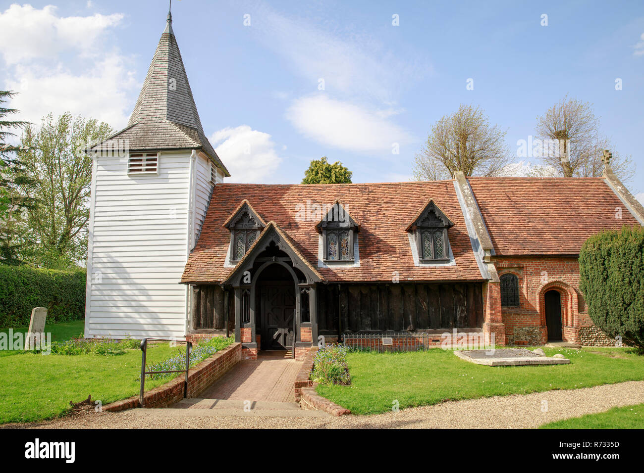 Greensted Kirche, geglaubt, der weltweit älteste Holz-, Kirche zu sein, in dem kleinen Dorf Greensted befindet, in der Nähe von Chipping Ongar, Essex, England. Stockfoto
