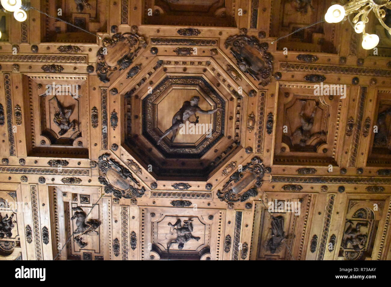 Die Holzdecke eines Raumes von der Universität Bologna, Italien Stockfoto