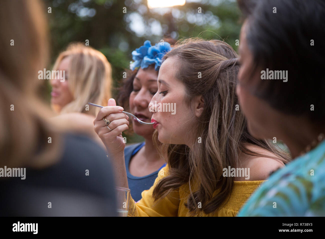 Gäste genießen und Feiern im Garten party Stockfoto