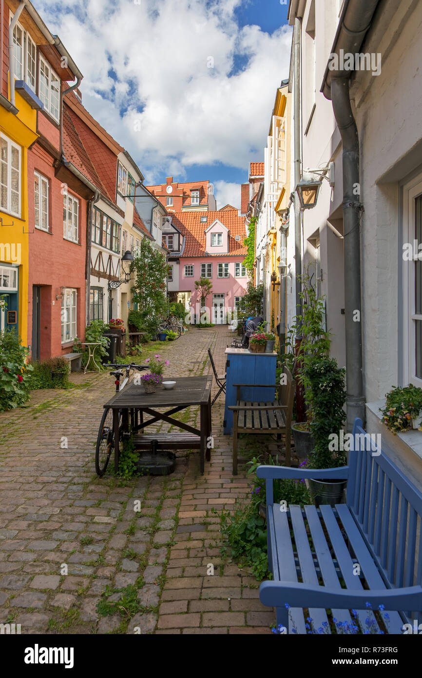 Bunte Häuser auf der Gasse Sievers Torweg in der Hansestadt Lübeck / Luebeck, Schleswig-Holstein, Deutschland Stockfoto