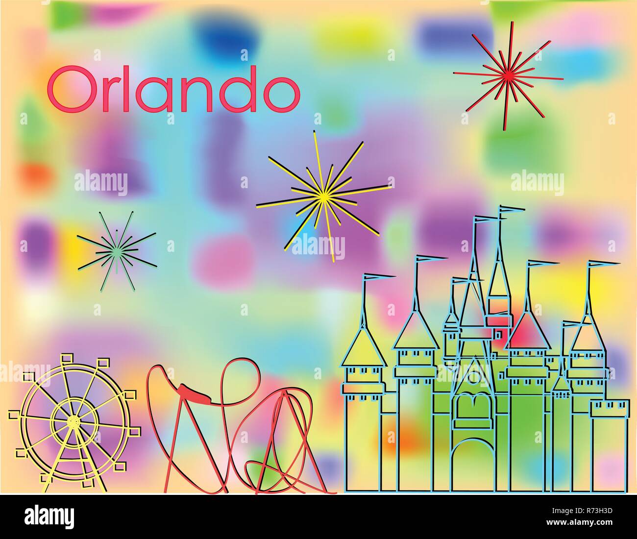 Orlando Symbole multicolor Linie auf abstrakte farbenfrohe Hintergrund. Achterbahn, Riesenrad, Schloss und Feuerwerk Stock Vektor