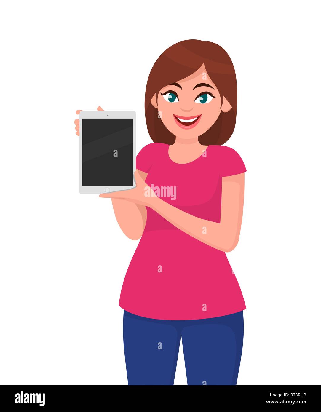 Junge Frau angezeigt/holding leere Registerkarte oder Tablet-PC. Moderne Technik lifestyle Konzept Abbildung in Vektor Cartoon Stil. Stock Vektor