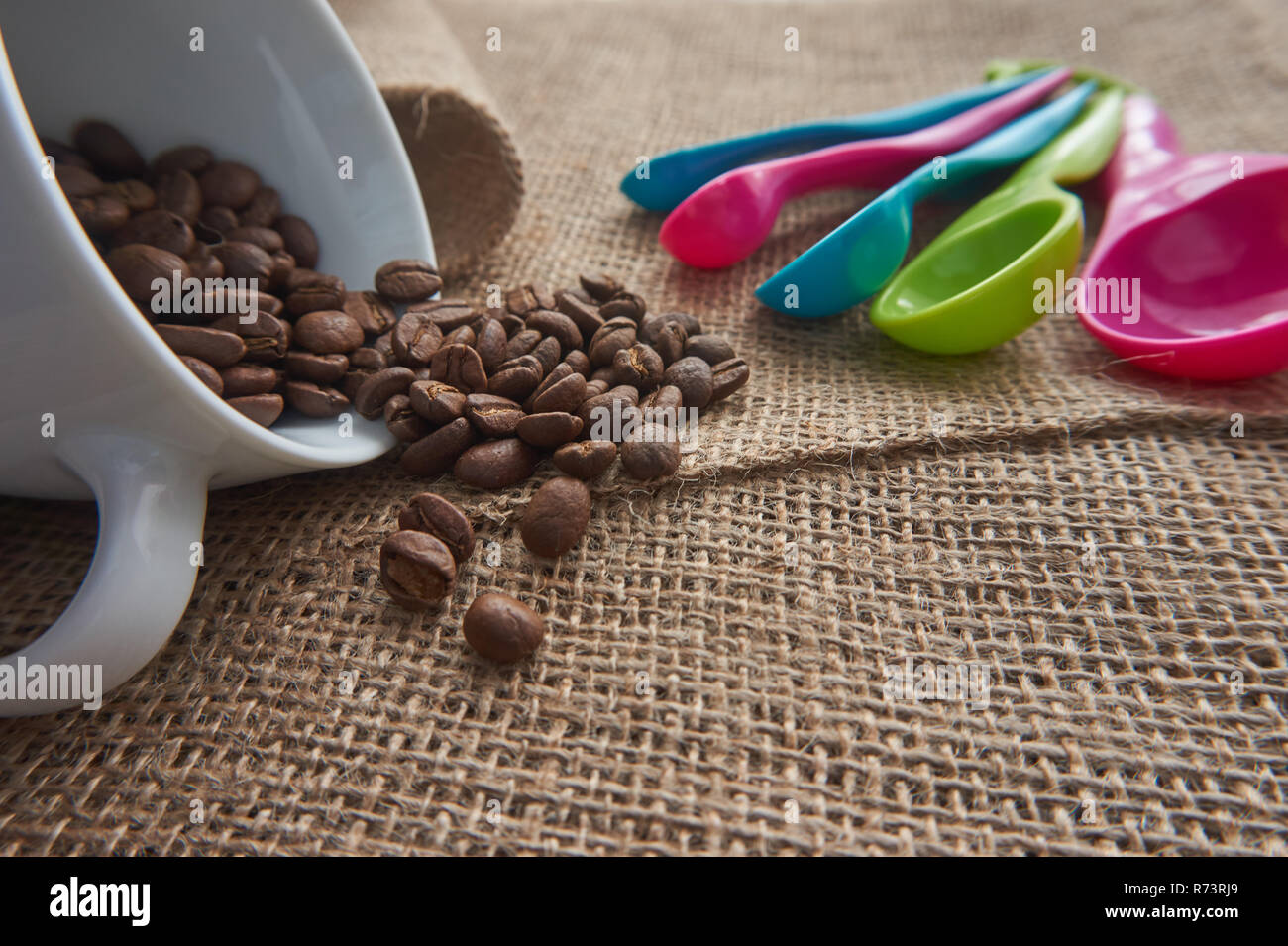 Geröstete Kaffeebohnen, Porzellan Kaffeebecher, Dosis Messlöffel Stockfoto