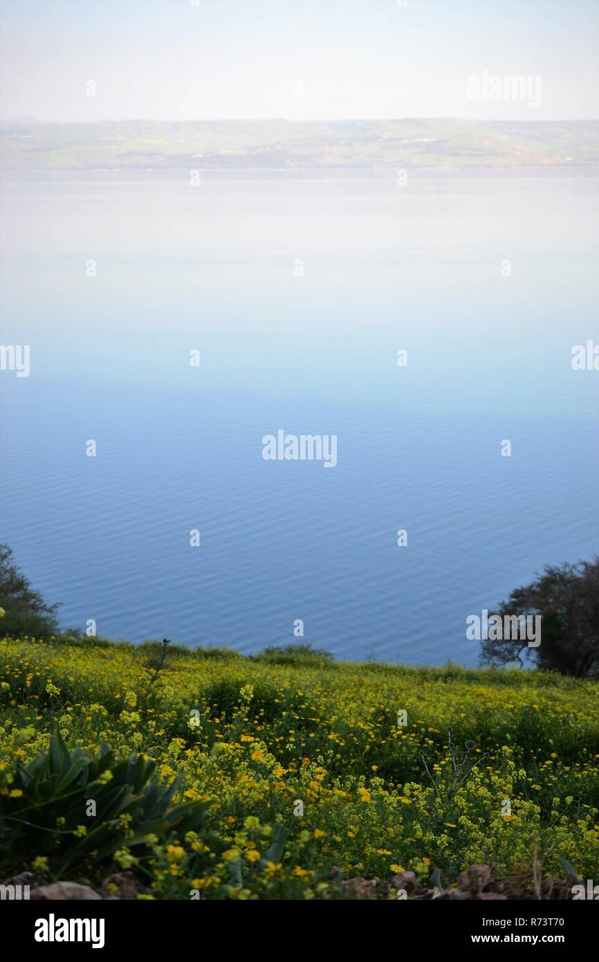 Blick auf den See von Galiläa Kinneret See von Mt. Arbel Berg, wunderschönen See Landschaft, Israel, Tiberias Stockfoto