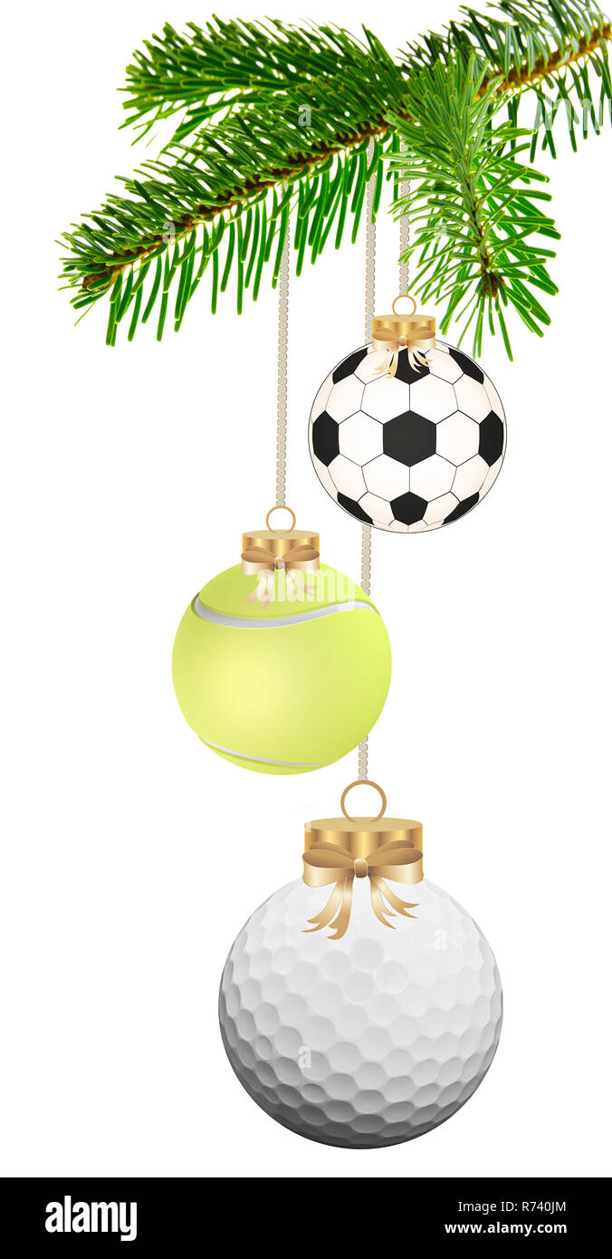 Golf, Fußball und Tennis christmas ball hängen an der Tanne Zweig, Weihnachtskarte Stockfoto