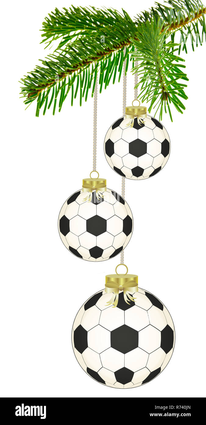 Fußball christmas ball hängen an der Tanne Zweig, Weihnachtskarte Stockfoto