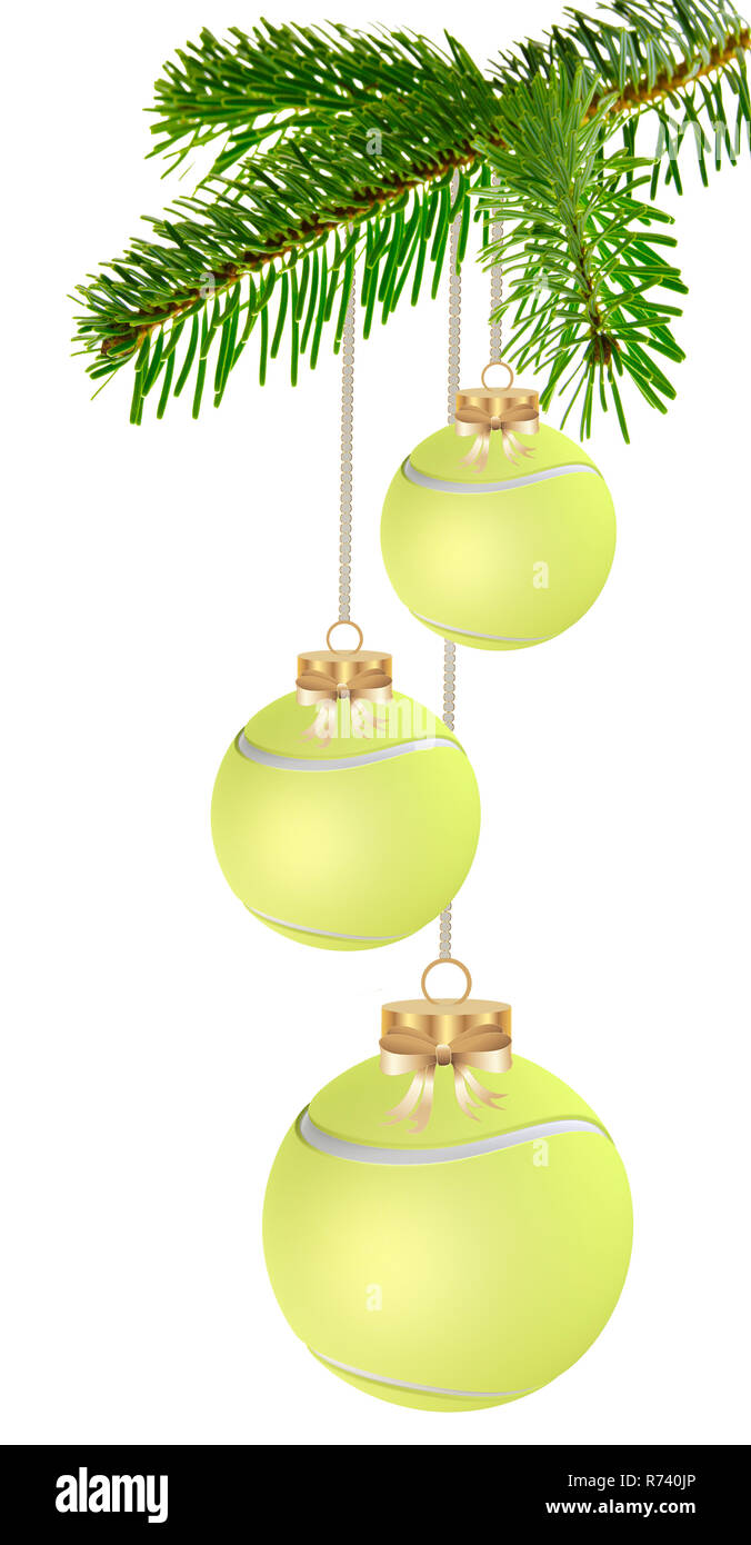 Tennis ball hängen an der Christmas tree branch, Weihnachtskarte Stockfoto