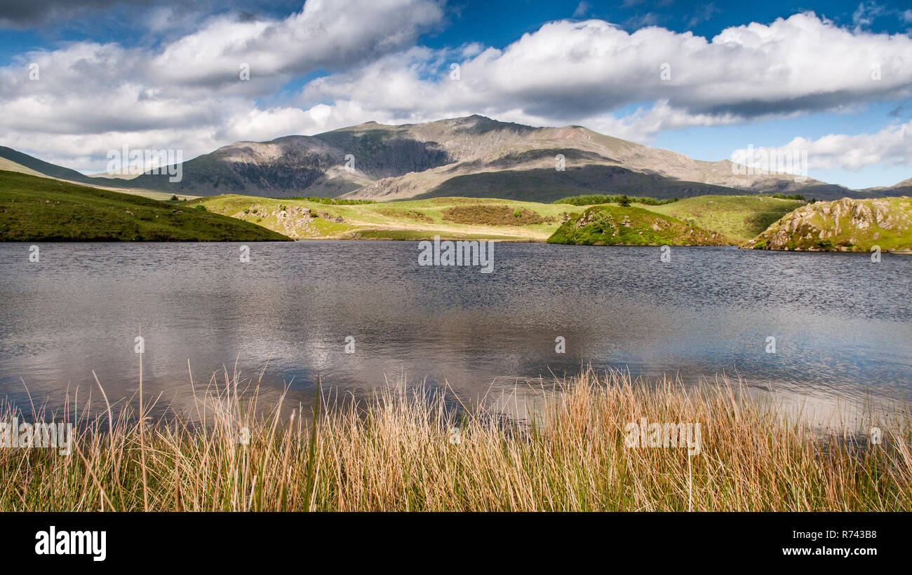 Snowdon Mountain steigt von der Küste von Llyn y Dywarchen, einem kleinen See ar Rhyd-Ddu im Snowdonia National Park, North Wales. Stockfoto