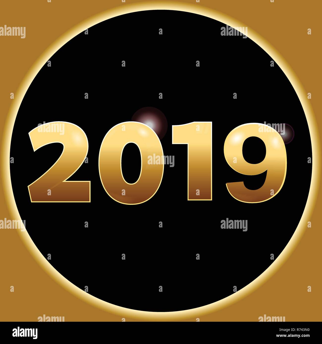 3D-Abbildung der Neuen Jahr 2019 in der Goldenen Zahlen mit Lens Flares und Leuchten über runden schwarzen Rand Stock Vektor