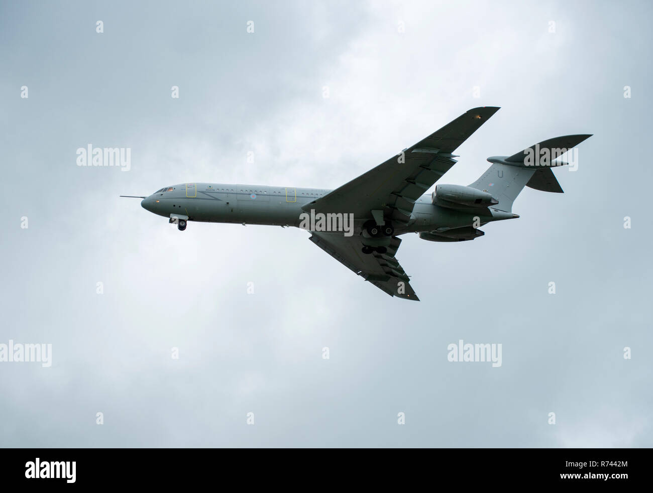 RAF Vickers VC-10 Long Range mit schmalem Jets ihren Landeanflug und Landung in Bruntingthorpe, gebrochen zu werden. Stockfoto