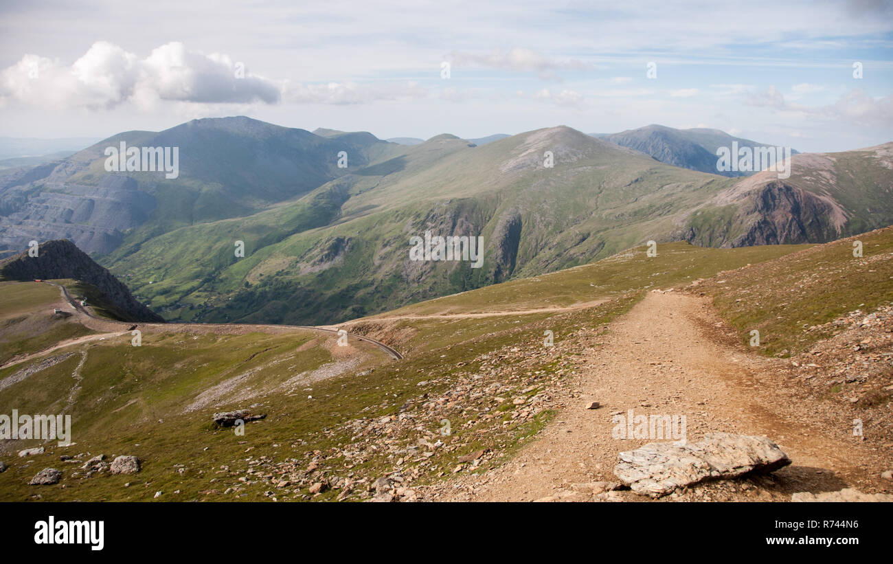 Ein Zug steigt vom Gipfel des Snowdon Mountain auf der Schmalspur rack Bergbahn mit dem Llanberis Tal und Halden der Dinorwig s Stockfoto