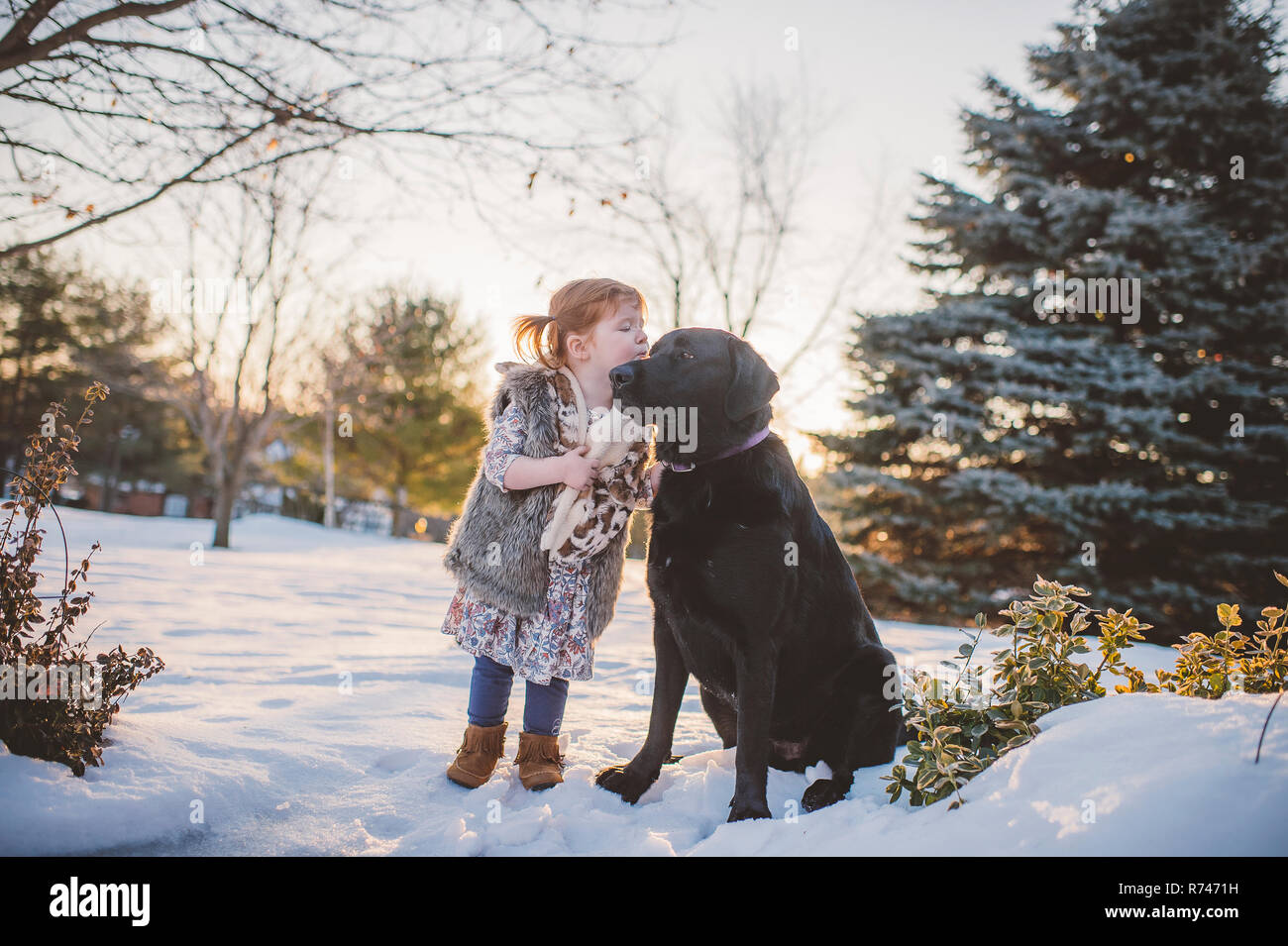 Weibliche Toddler mit roten Haaren spielen im Schnee mit Hund, Keene, Ontario, Kanada Stockfoto